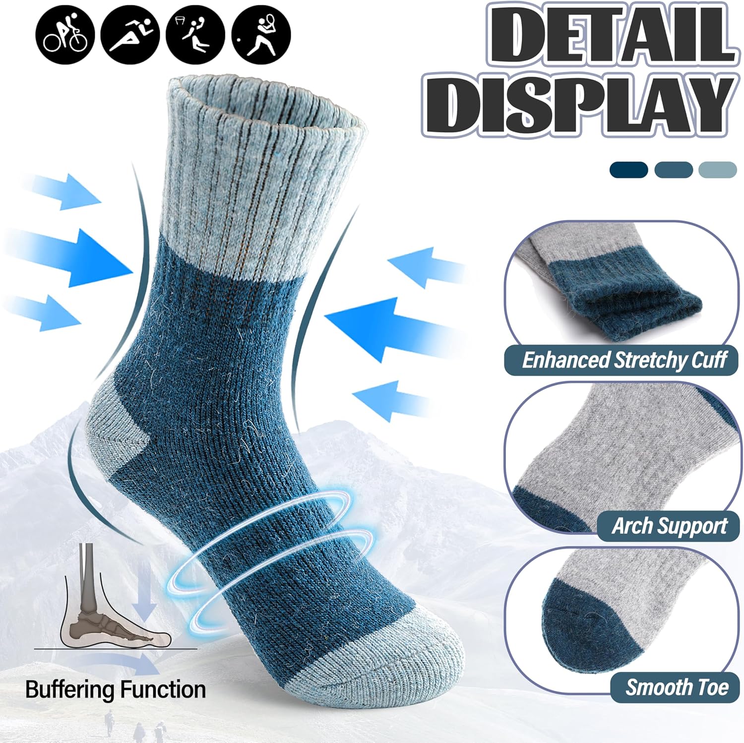 Detalle de Anlisim Kids Merino Wool Hiking Crew Socks, 6 Pairs with Cushion and Arch Support