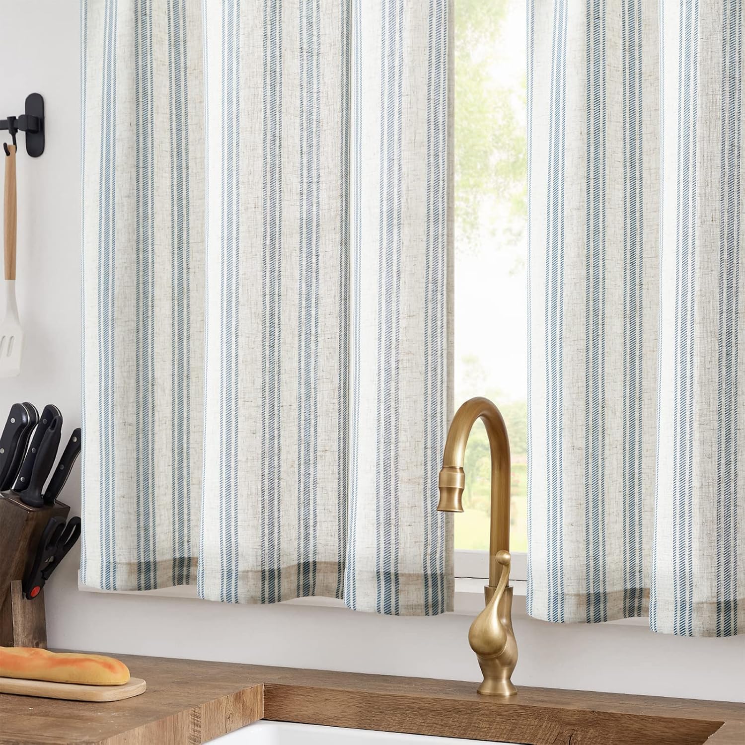 Detalle de Vangao Lot de 2 rideaux brise-bise à rayures aspect lin 65 x 90 cm avec passe-tringle