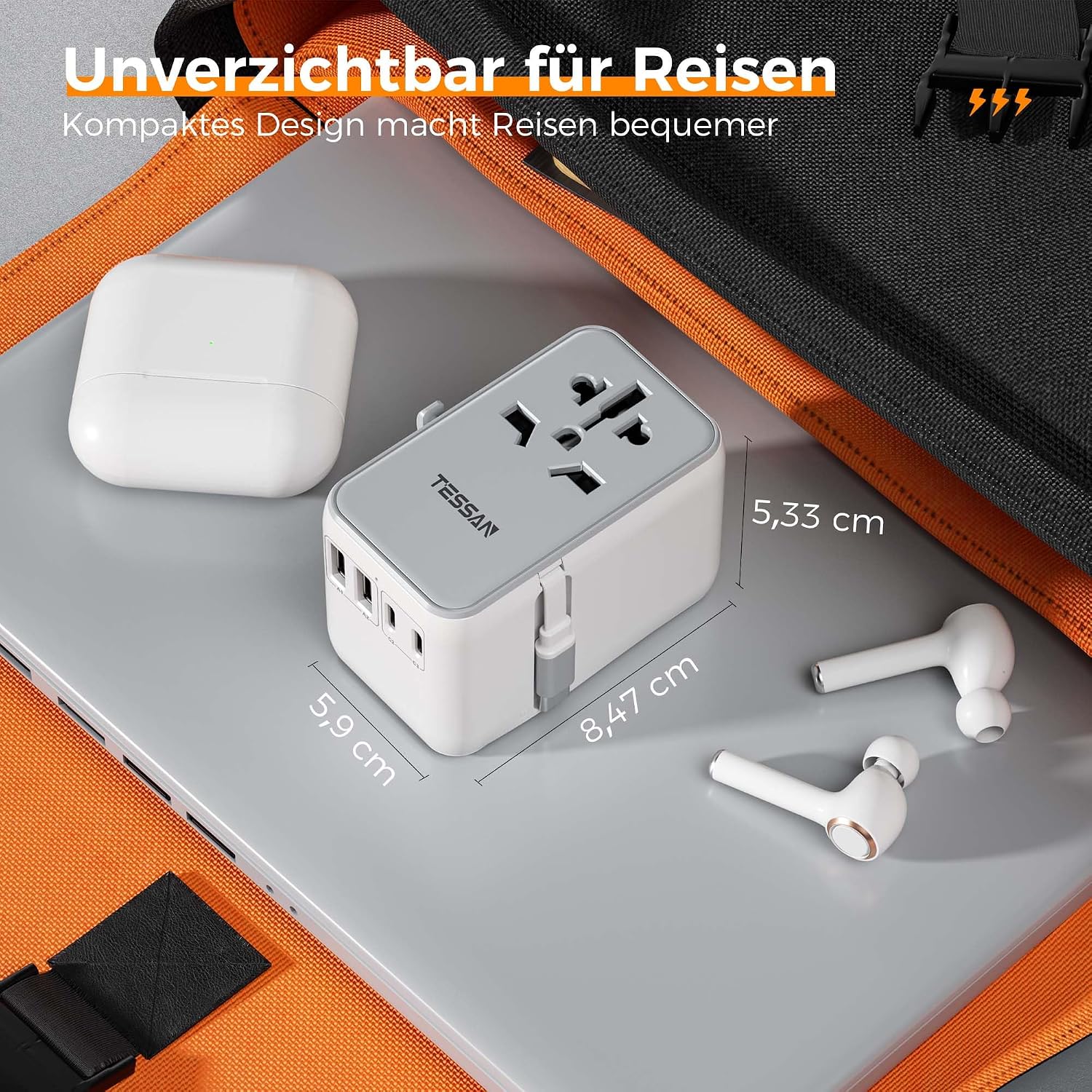 Detalle 2 de TESSAN Reiseadapter Weltweit mit einziehbarem USB-C Kabel PD 35 W – universeller Steckdosenadapter mit 4 USB und 1 AC Steckdose
