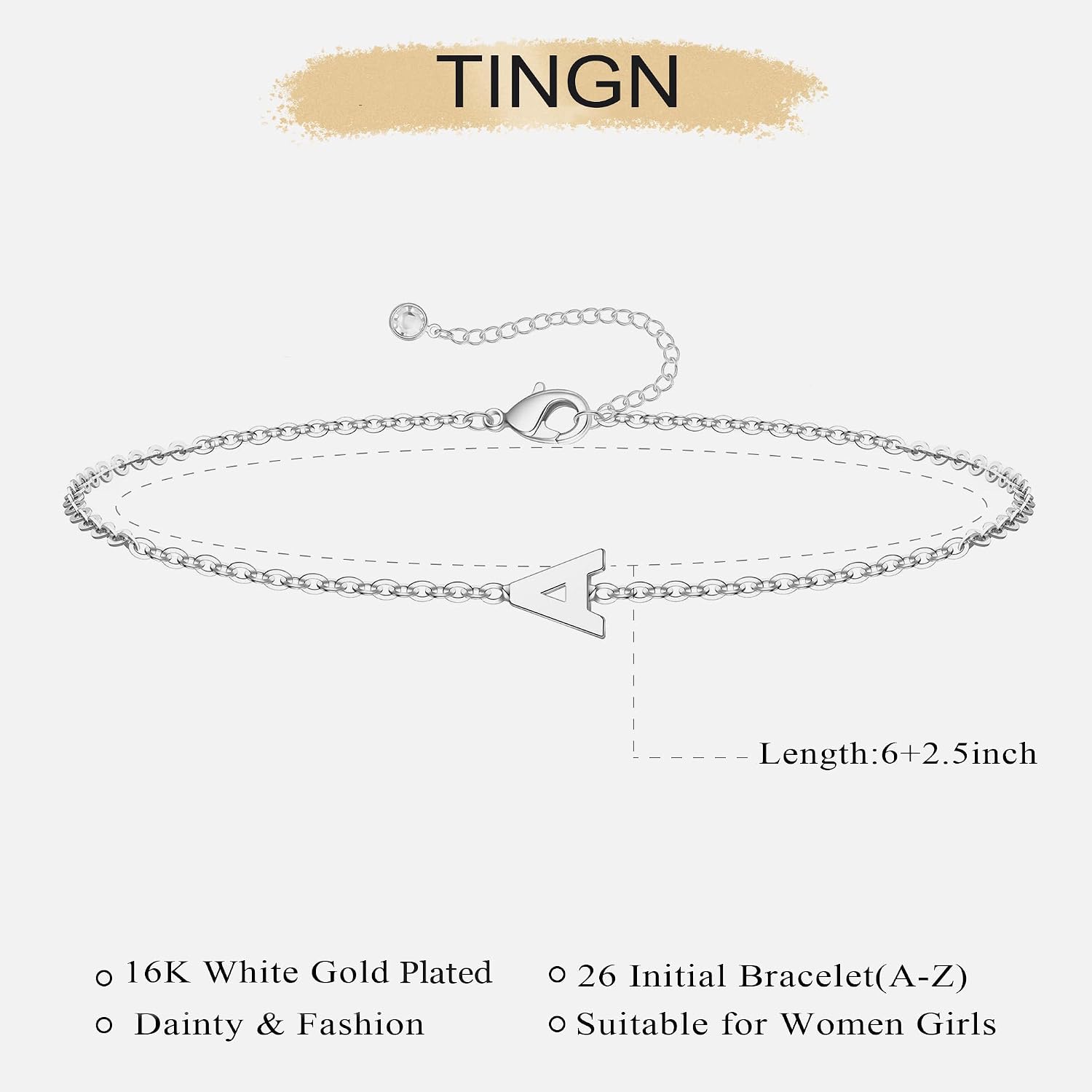 Detalle de TINGN Gold & Silber Armband mit Initialen – 18K vergoldet/Weißgold, zierlich, für Mädchen & Damen