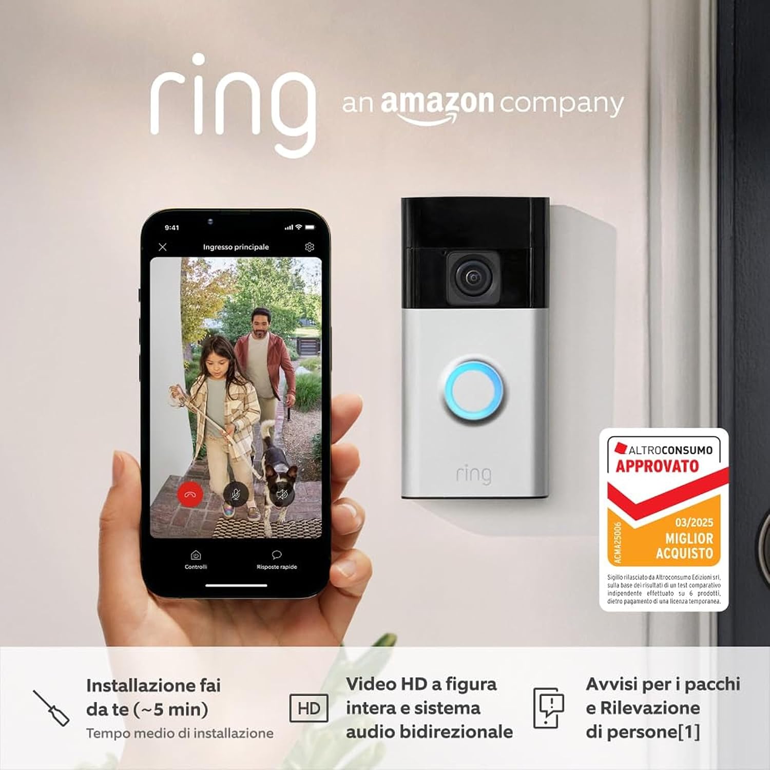 Thumbnail 1 de Ring Battery Video Doorbell con Chime (3ª gen.) – videocitofono a batteria con telecamera e avvisi in app