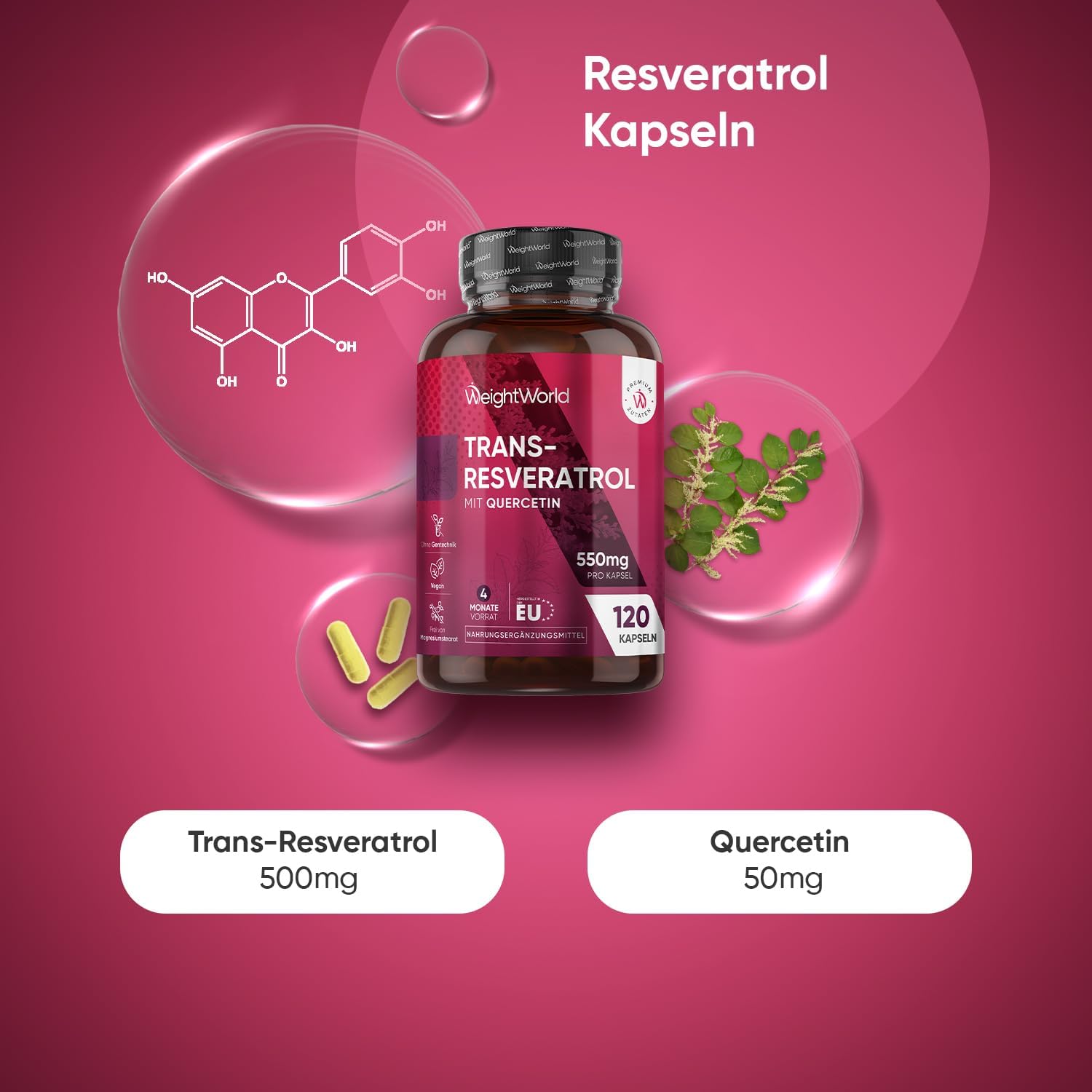 Thumbnail 1 de WeightWorld Trans-Resveratrol mit Quercetin 550 mg (98% japanischer Knöterich) – 120 vegane Kapseln