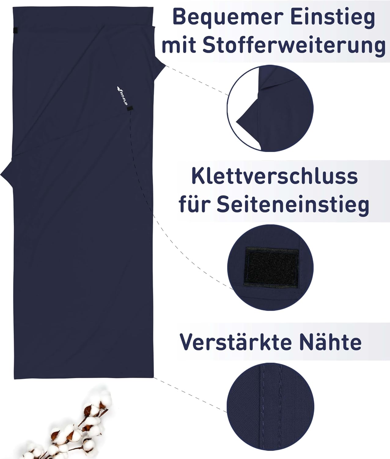 Detalle de Fit-Flip Hüttenschlafsack Inlett aus Baumwolle – ultraleicht & kompakt