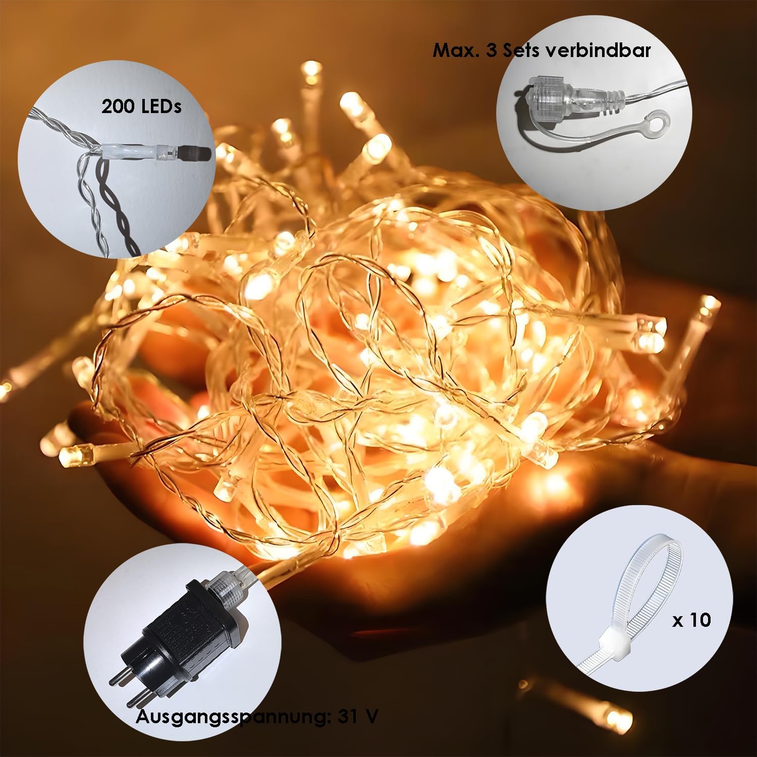 Thumbnail 6 de YJY LIGHT Eisregen Lichterkette LED in Warmweiß (2500K) – 5 m Lichtvorhang mit 200 LEDs, 8 Modi, Timer & Memory, IP44