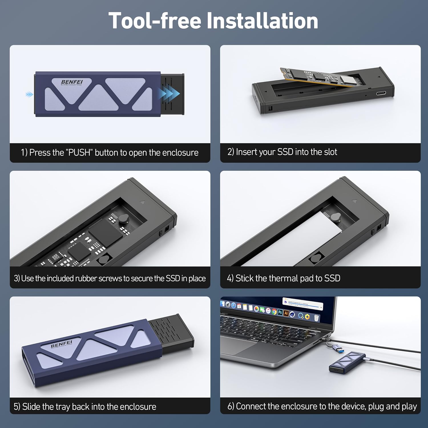 Detalle de Benfei M.2 NVMe SSD Enclosure with Tool-Free USB-C 10Gbps
