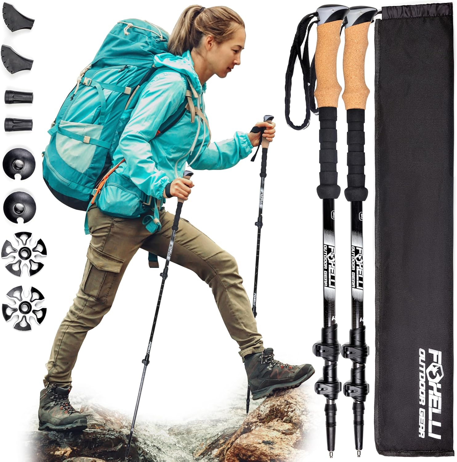 Foxelli Carbon Fiber Walking Poles – lightweight collapsible trekking poles with cork grips