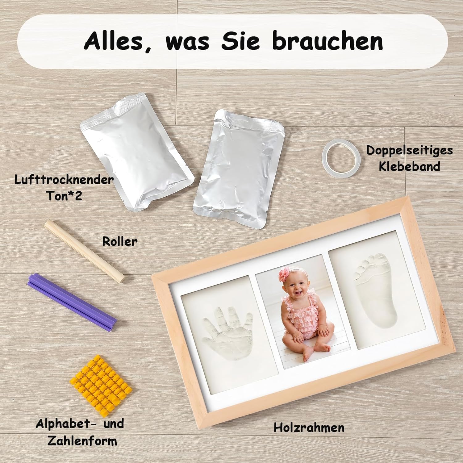 Thumbnail 1 de Yiukou Baby-Handabdruck- und Fußabdruck‑Set: personalisierter Erinnerungsrahmen aus Eiche