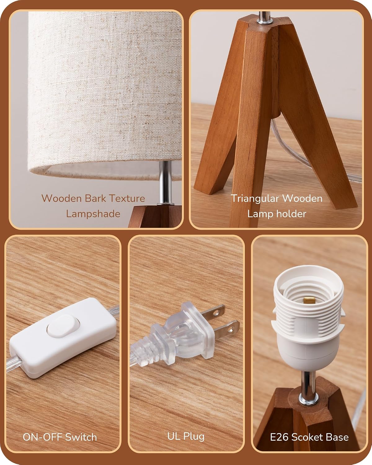 Detalle de EDISHINE HLTL25Q Table Lamps, 2-Pack Wooden Tripod with Beige Linen Shades