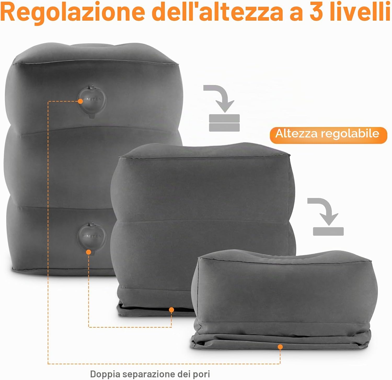 Detalle 2 de Maliton poggiapiedi gonfiabile per aereo (borsa inclusa) – poggiapiedi da viaggio regolabile, grigio scuro