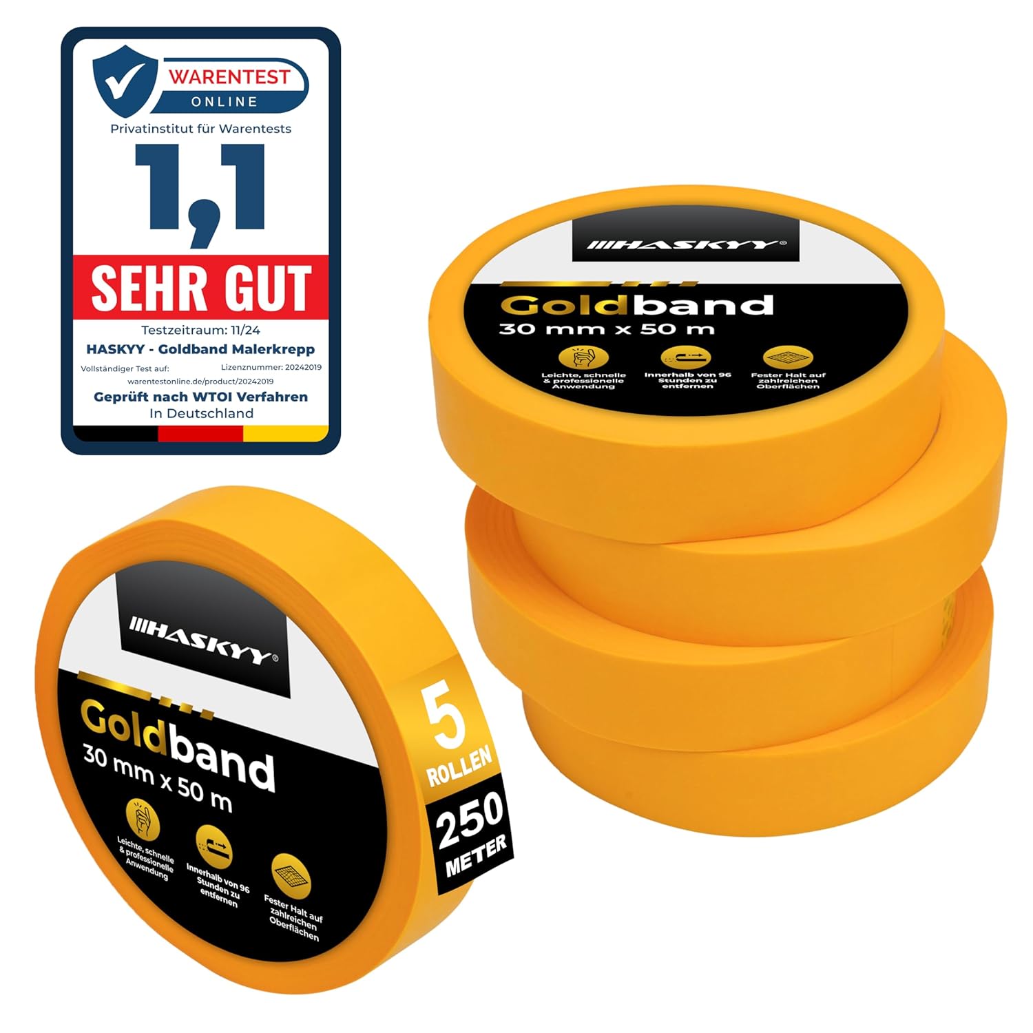 HASKYY Nastro per mascheratura dorato per pittori: 5 rotoli da 30 mm x 50 m