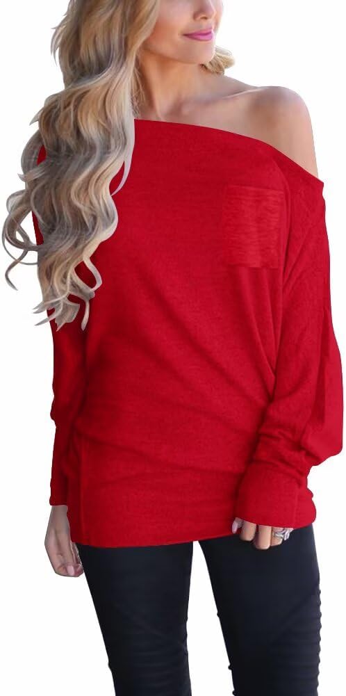 Detalle de LACOZY Women's Off Shoulder Knit Tunic: Batwing Long Sleeve Jumper
