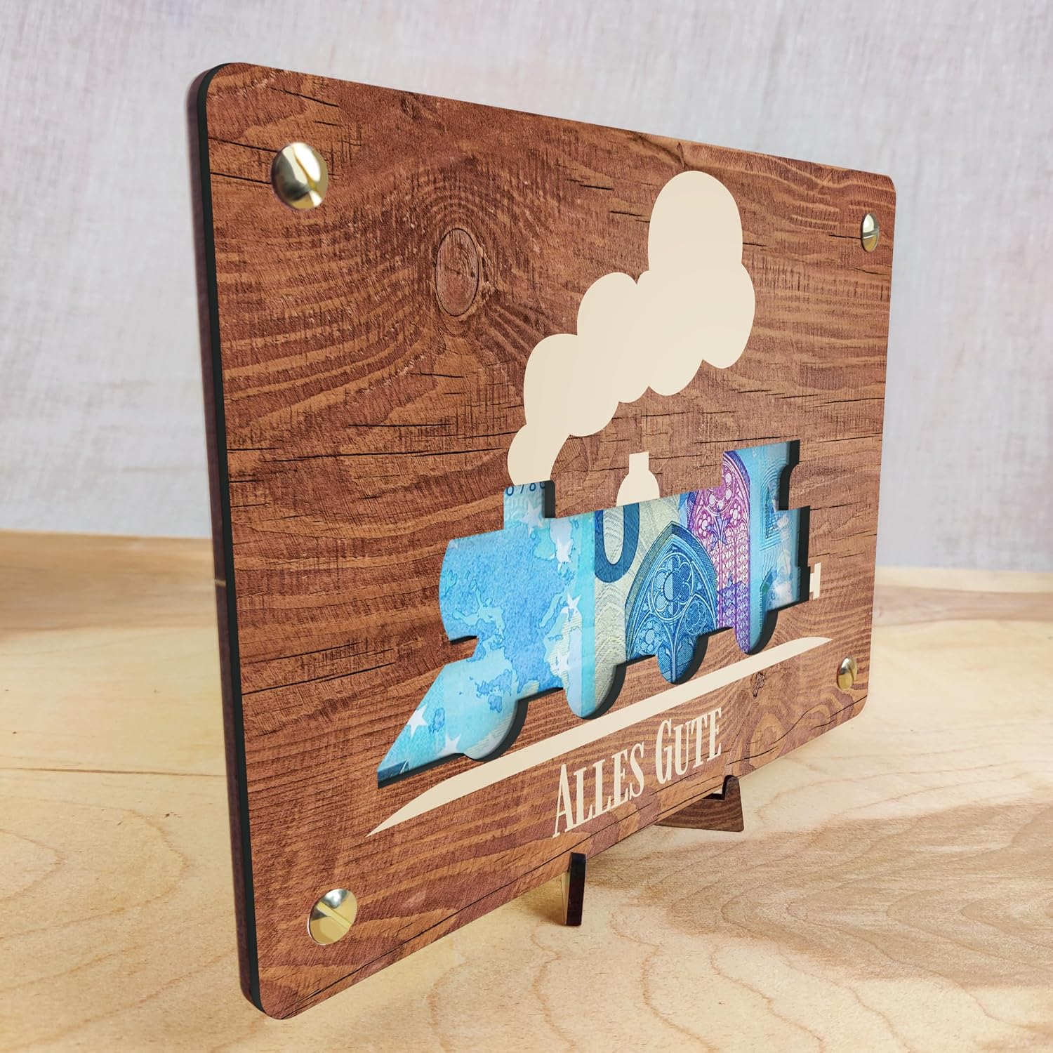 Detalle 2 de Zug Geschenk XL Geldgeschenk aus Holz 20x15 cm đźš‚