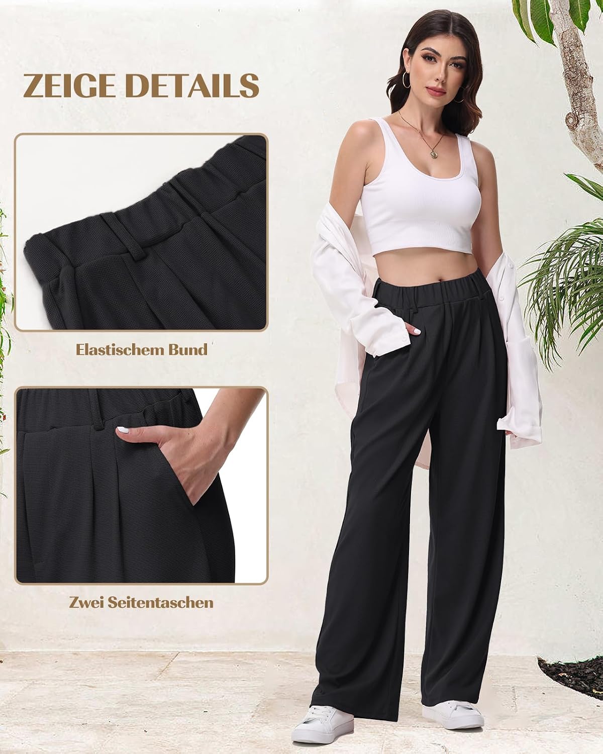 Detalle 2 de HMIYA Weite Hose Damen – büügelfrei, leichte Palazzo Hose mit hoher Taille und Taschen