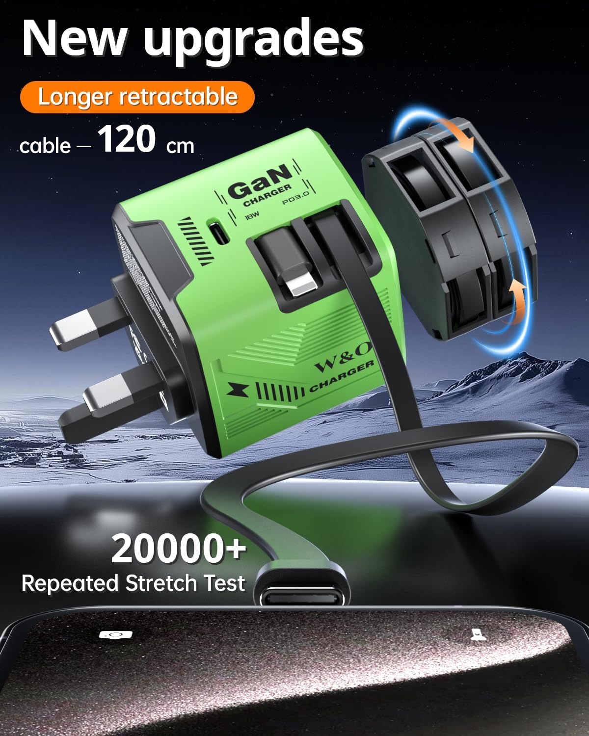Detalle de 60W GaN Fast Charger with Built-in Dual 1.2m Retractable Cables (3-in-1) – UK Plug, Green