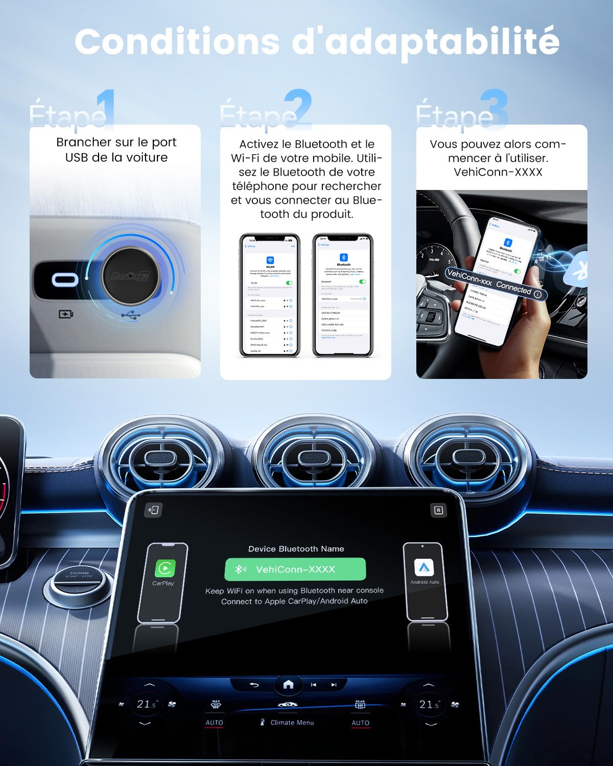 Detalle de CarlinKit Mini adaptateur sans fil Ultra 3 – CarPlay/Android Auto sans fil, Plug‑and‑Play
