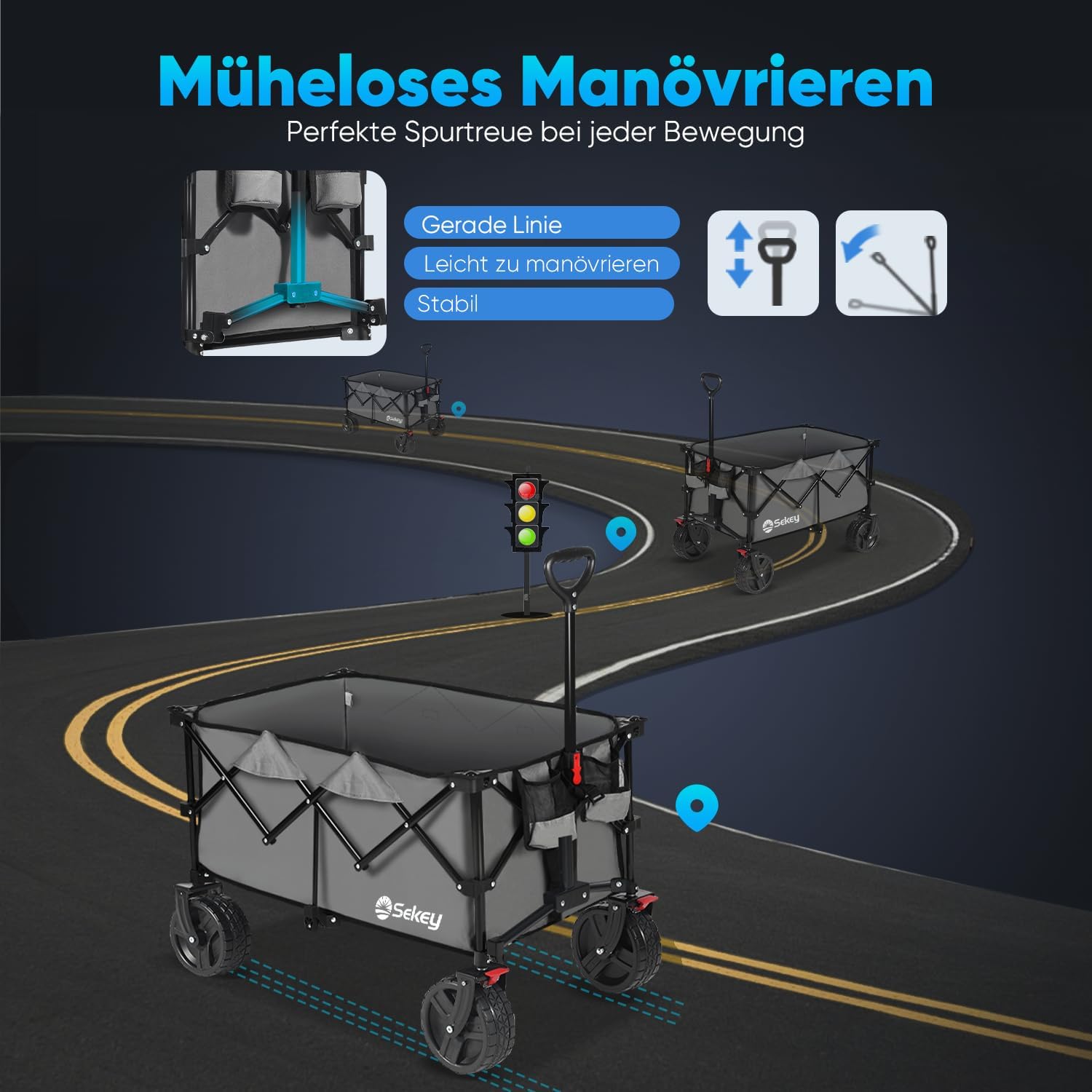 Detalle de Sekey XXL Plus Bollerwagen faltbar mit Bremsen, All-Terrain XXL-Reifen und 200 l Ladevolumen (4011) – Anthrazit