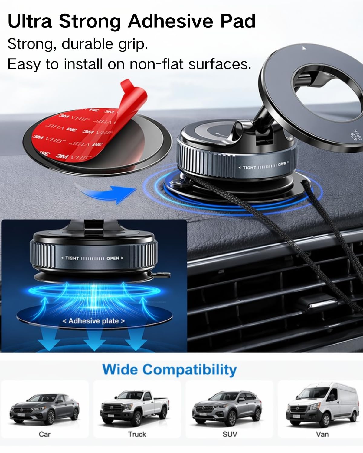 Detalle 2 de APPS2Car 3er Set Universal Rund Dashboard Pad Mounting Klebe-Befestigungsplatten, 70 mm Durchmesser