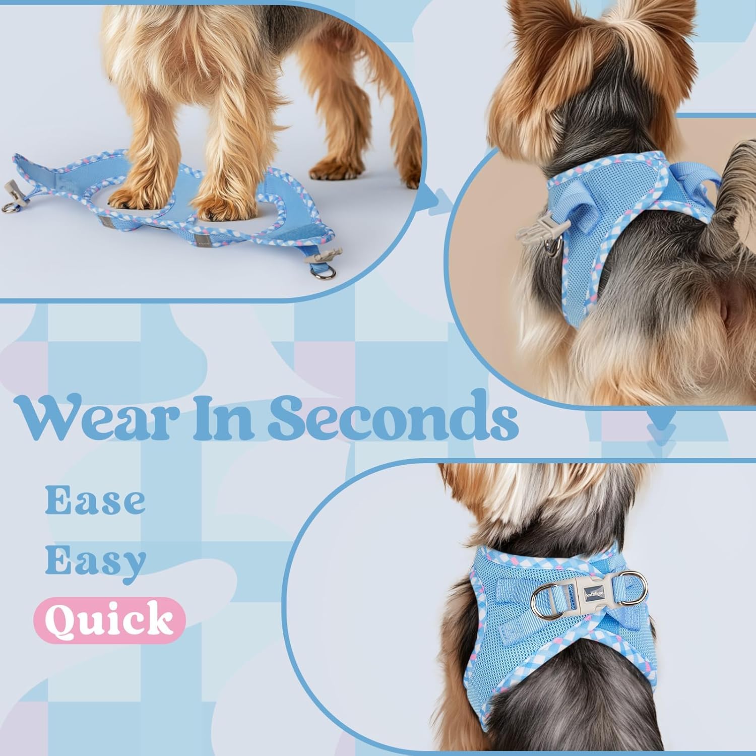 Thumbnail 4 de rabbitgoo Small Dog Step-in Soft Mesh Harness (Blue & Plaid Trim) with Reflective Strips, size S