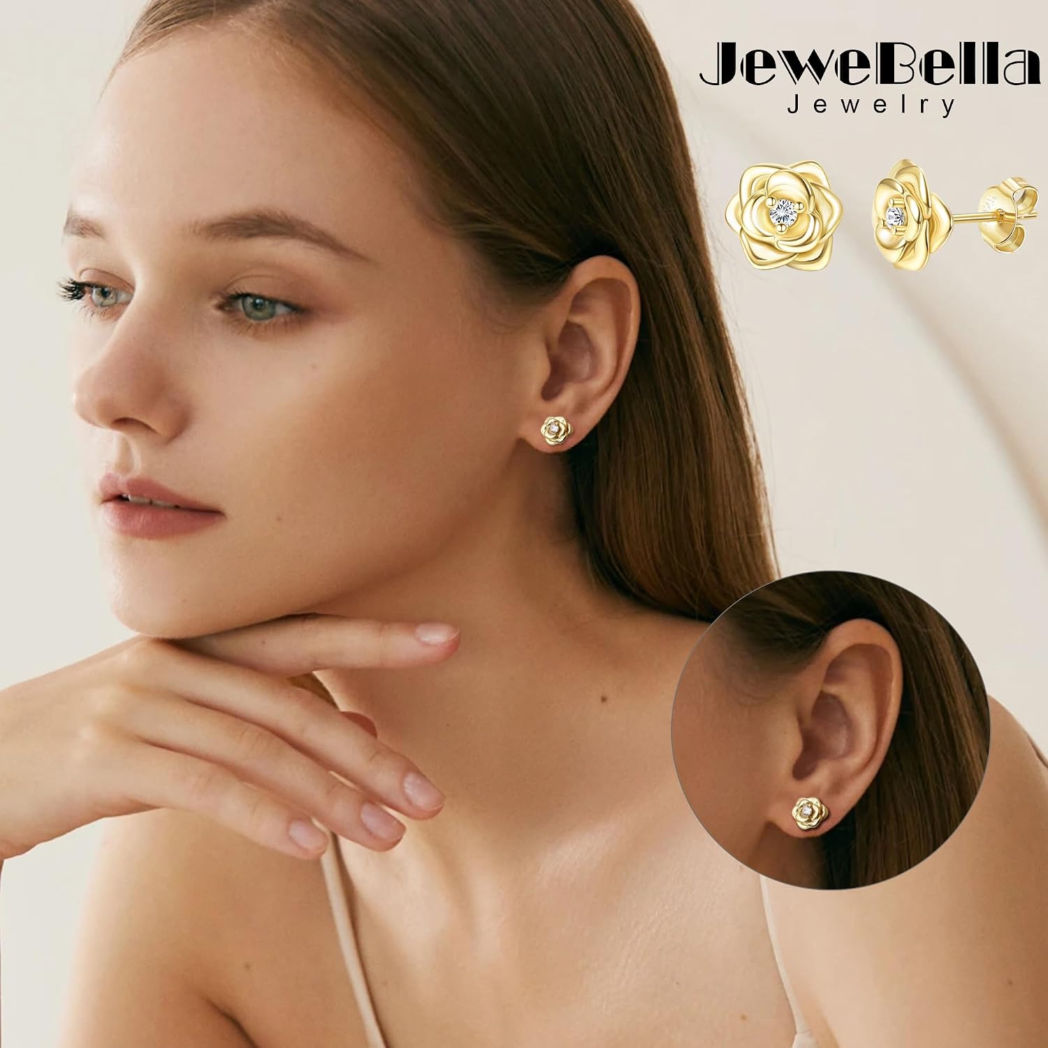 Detalle de JeweBella Kleine Rosen Ohrstecker aus Sterlingsilber 925 mit 5A+ Zirkonia
