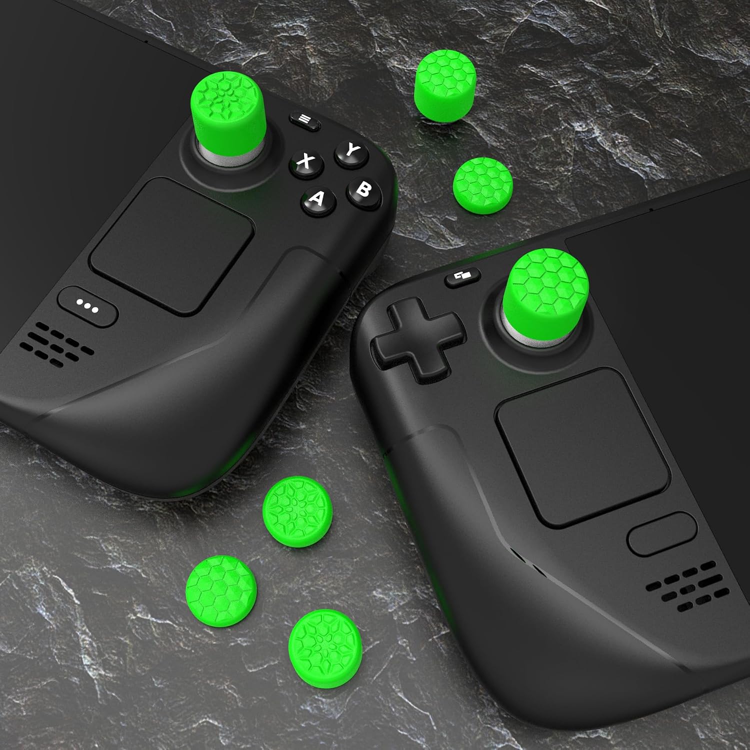 Detalle de PlayVital Green Ergonomic Stick Caps Thumb Grips for Steam Deck LCD & OLED and PS Portal Remote Player — 10-Pack