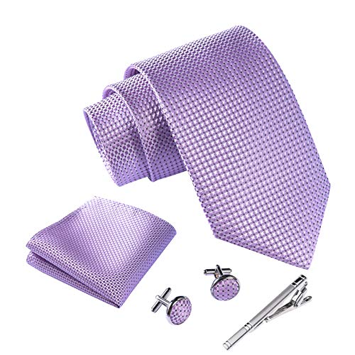 Thumbnail 1 de Massi Morino Set Corbata Lila de Cuadros con Pañuelo y Accesorios – 5 en 1 para Hombre