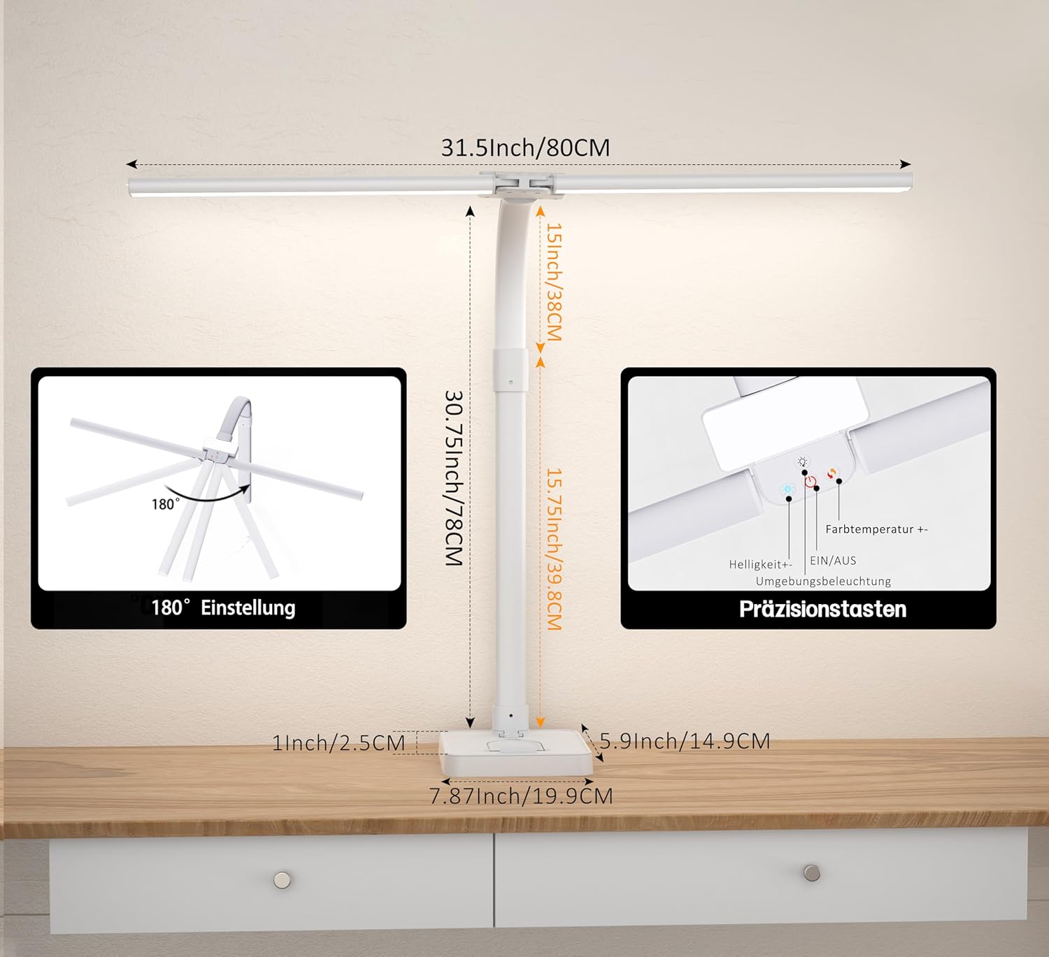 Thumbnail 3 de LOTTBUTY Doppelkopf Schreibtischlampe LED dimmbar (24 W, 80 cm) mit Tageslicht & Handyhalter