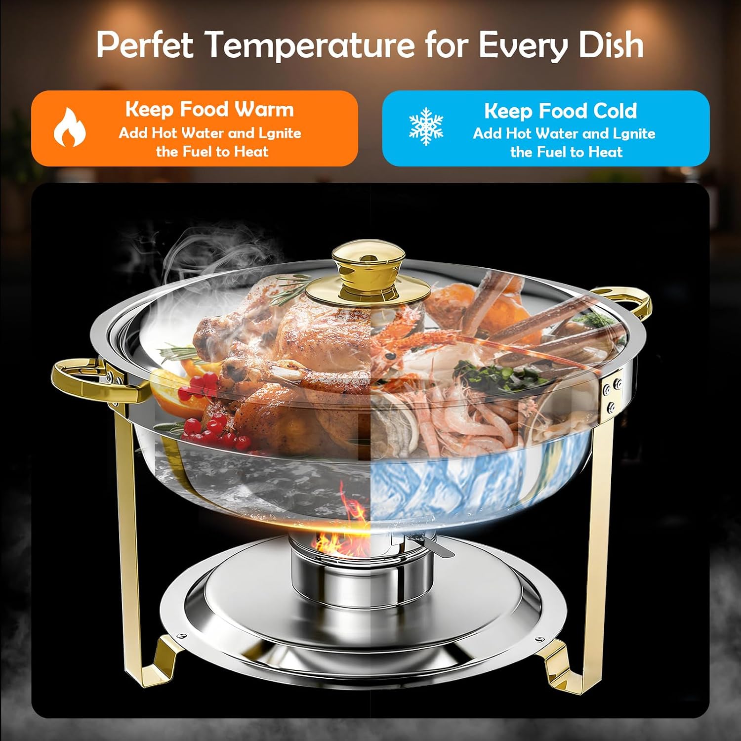 Detalle 2 de ALSO GO Round Chafing Dishes for Buffet 4 Pack 6QT Gold