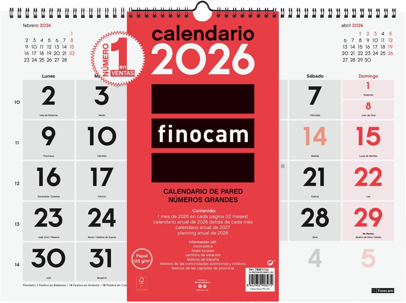 Detalle de Finocam Calendario de Pared Números Grandes 2026