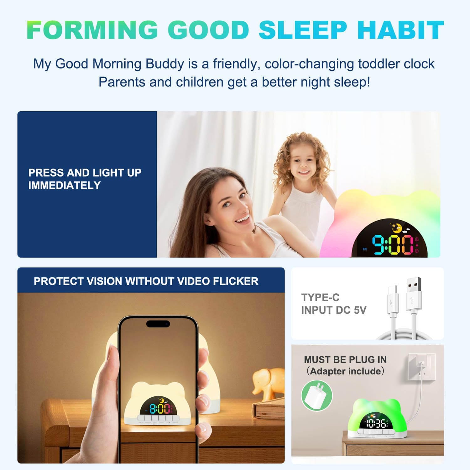 Detalle de Azyh 8825 Kids’ Digital Alarm Clock with 11-Colour Night Light