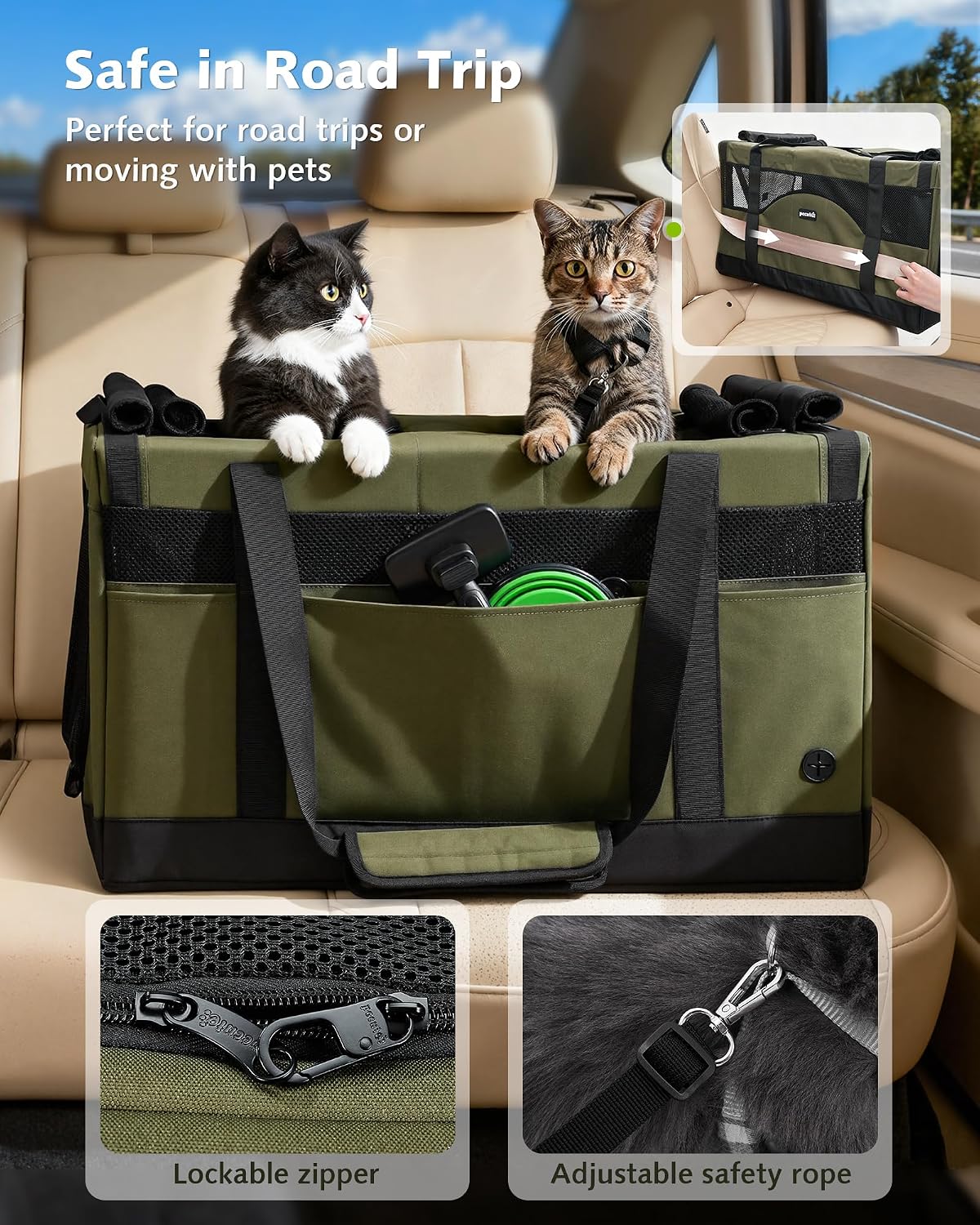 Detalle de Pecute Katzentransportbox für 2 Katzen (faltbar) – Transporttasche mit stabilem Edelstahlrahmen, Dunkelgrün