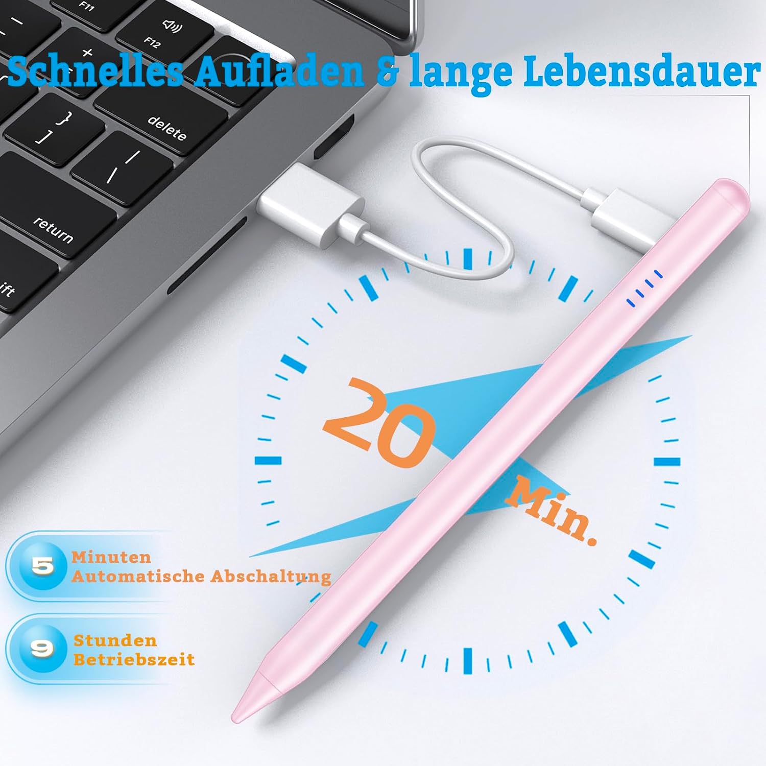 Thumbnail 1 de iPad Stift (Apple Pencil kompatibel) für iPad 2018–2025, mit Neigungssensor, Palm Rejection und Type‑C Schnellladung – Rosa