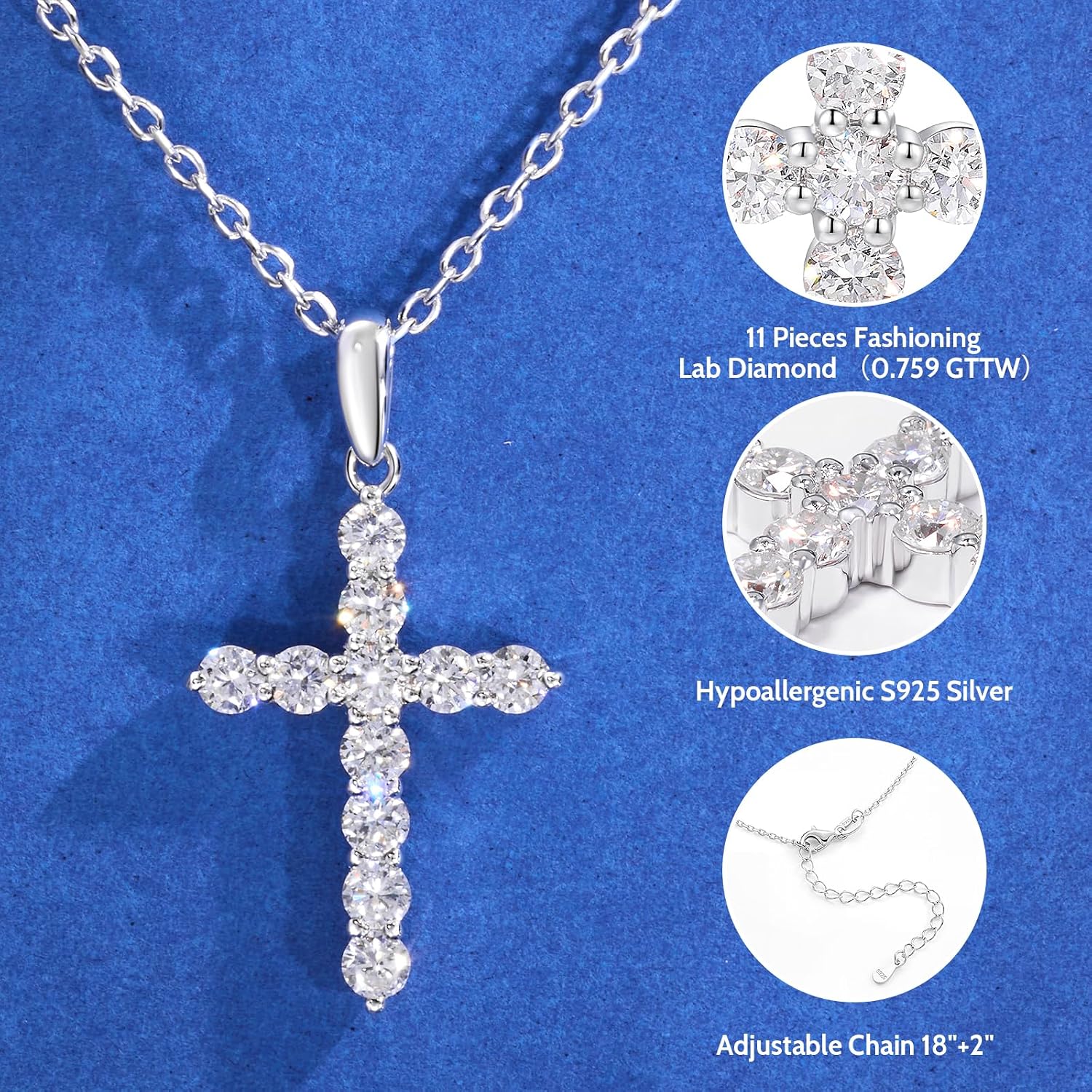 Detalle de GemmGalore Lab-Grown Diamond Cross Necklace, 18-inch chain
