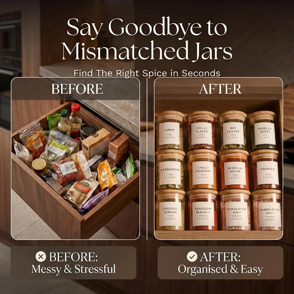 Detalle de Livabl Glass Spice Jars with Lids and Labels – 12x 200ml Airtight Jars with Bamboo Lids and 360 Pre-Printed UK Labels