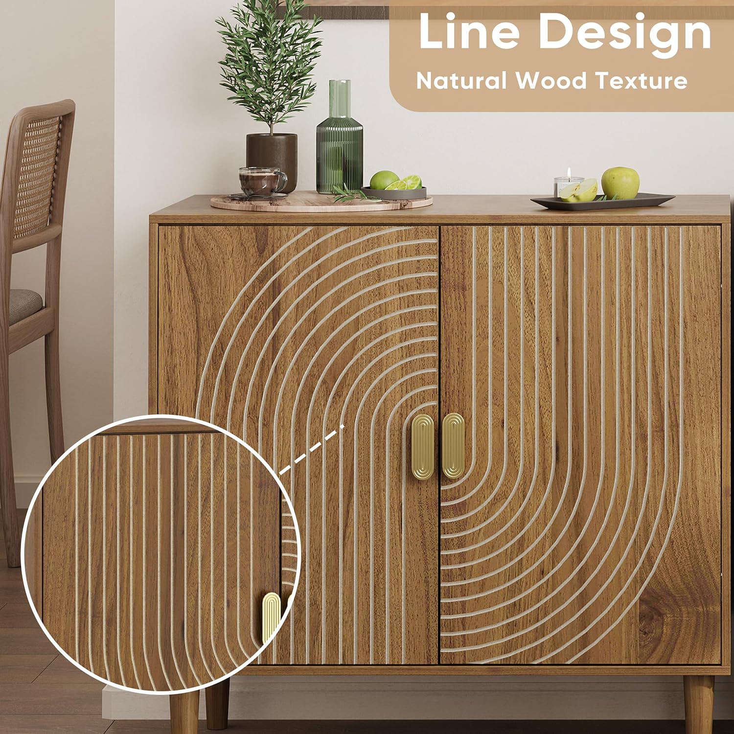 Detalle 2 de Smuxee sideboard walnut buffet cabinet with adjustable shelf and grooved doors