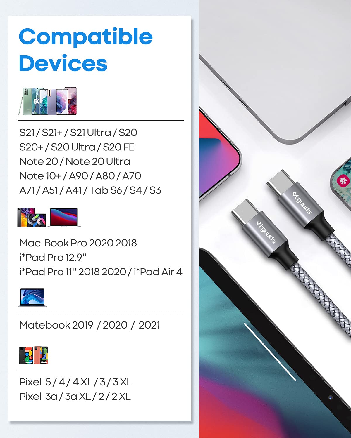 Thumbnail 6 de etguuds USB-C auf USB-C Kurz-Kabel (30 cm) – 2er Set, bis 60 W PD & 480 Mbit/s, Nylon, grau
