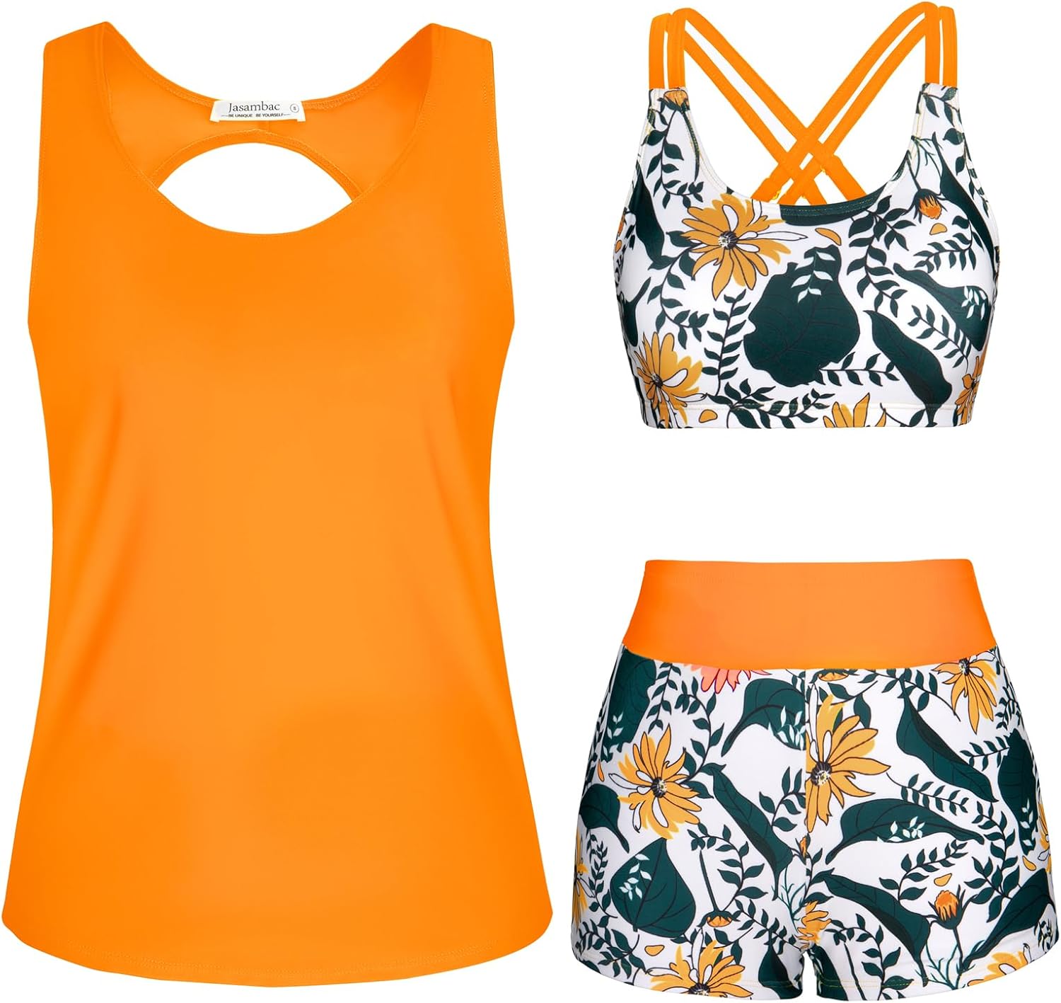 Detalle de JASAMBAC Drei-Teile Tankini Damen Bauchweg mit Push-up-Bikinioberteil & High-W waist Badeshorts – Vielseitige Bademode für Strand & Pool