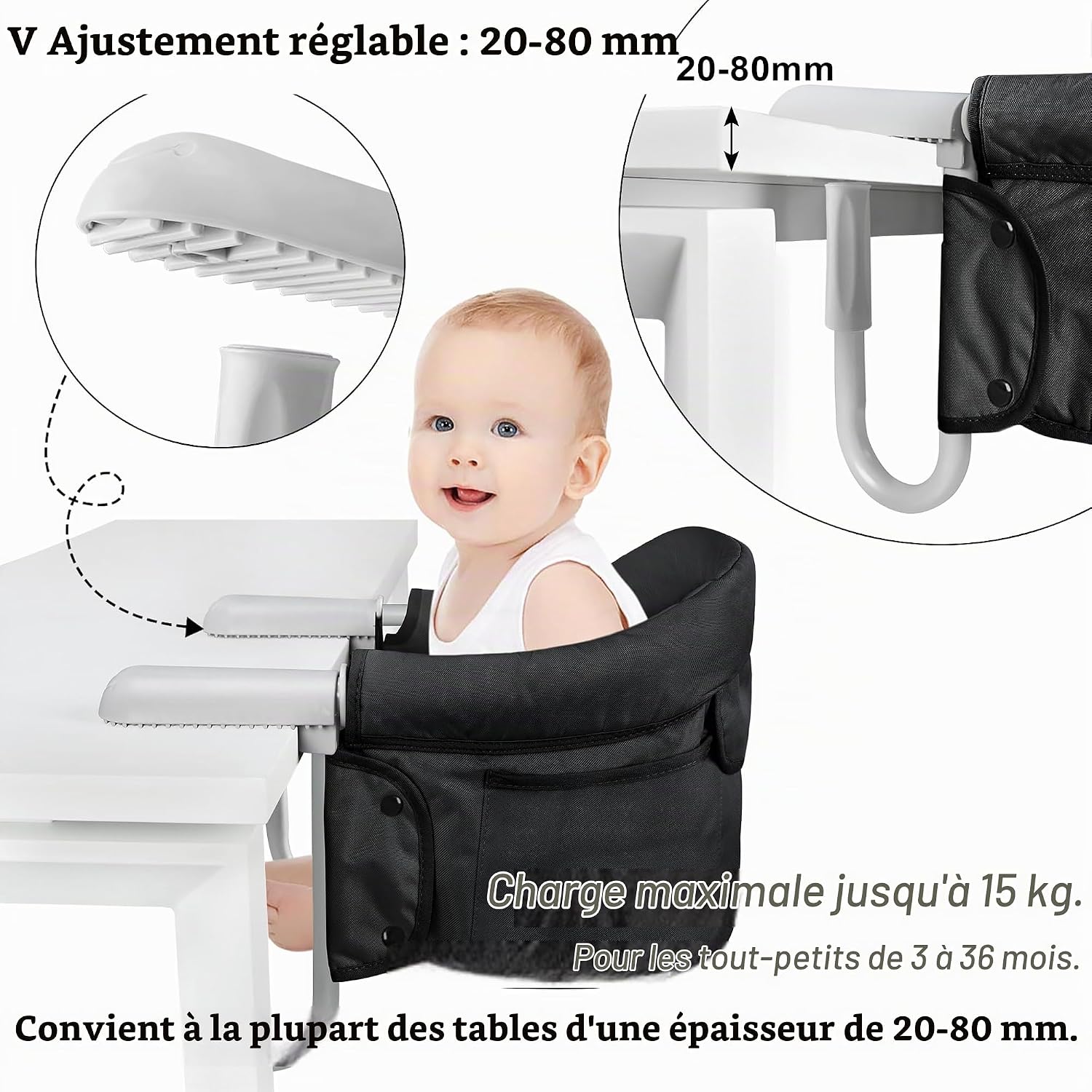 Detalle de LZQ opvouwbaar babytafelzitje, zwart, voor tafels van 2 tot 8 cm