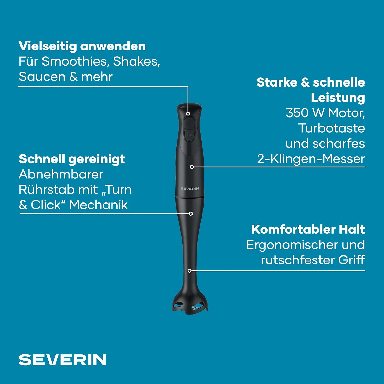 Detalle 2 de Severin Stabmixer SM 3760 – 350 W zum Pürieren und Zerkleinern, rutschfester Griff