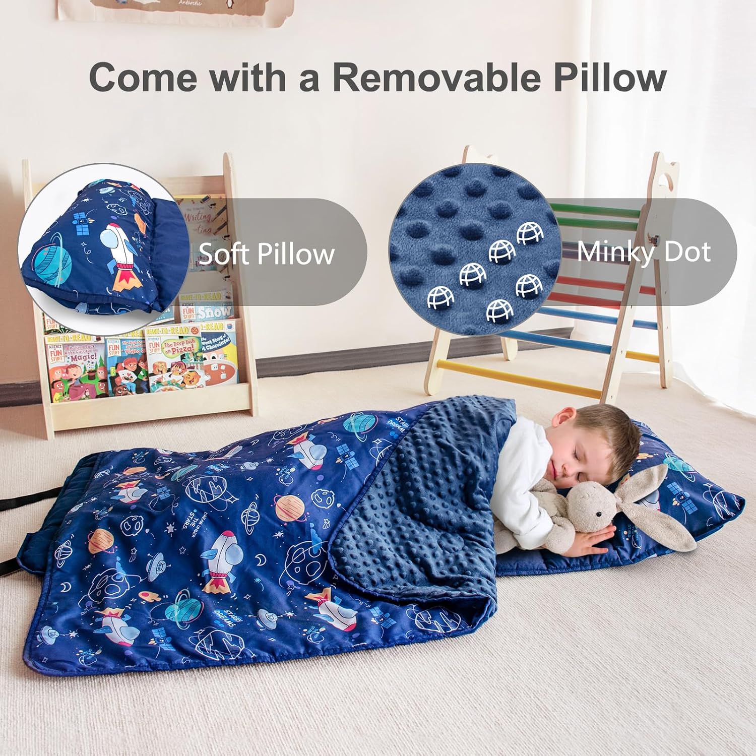 Detalle de PRIMLECT Toddler Nap Mat with Removable Pillow & Fleece Blanket (Extra Large 55"x35")