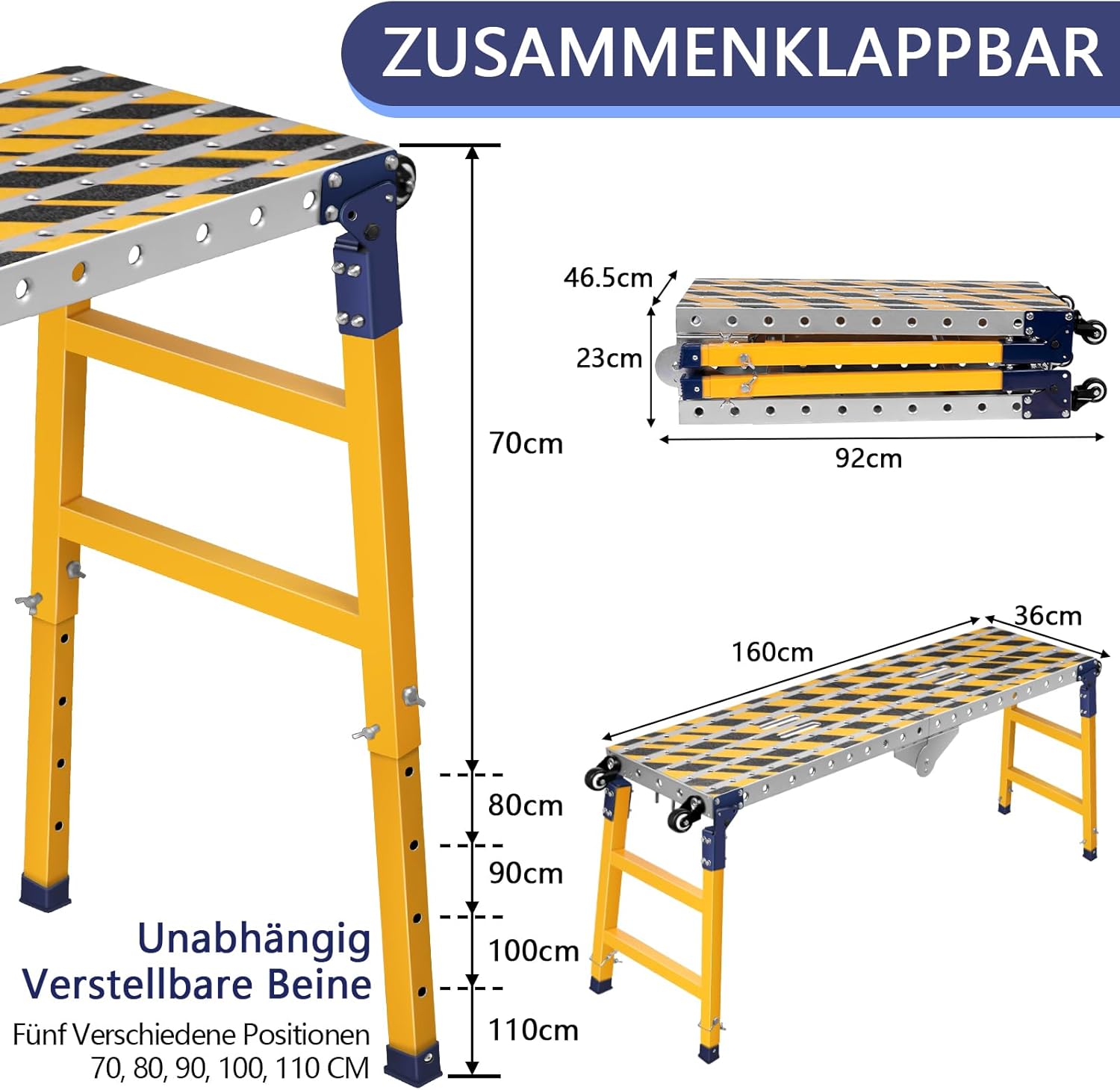 Detalle de 2‑in‑1 Stabil Arbeitsplattform & mobiler Schweißtisch (klappbar) mit Antirutsch-Klebestreifen, 160 × 36 cm, 500 kg