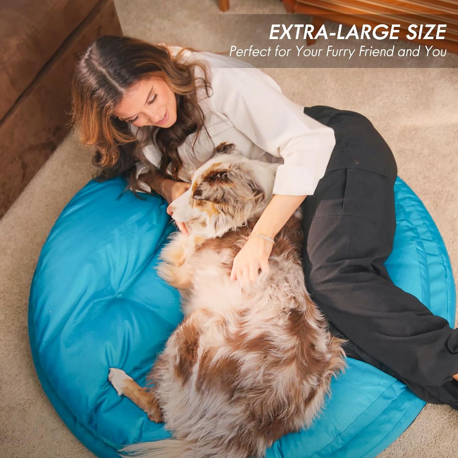 Detalle de ClevaHome Panier Orthopédique pour Chien – Rond, Coussin Double Couchage, Tissu Déperlant et Fond Antidérapant (Bleu Ardoise, XL)