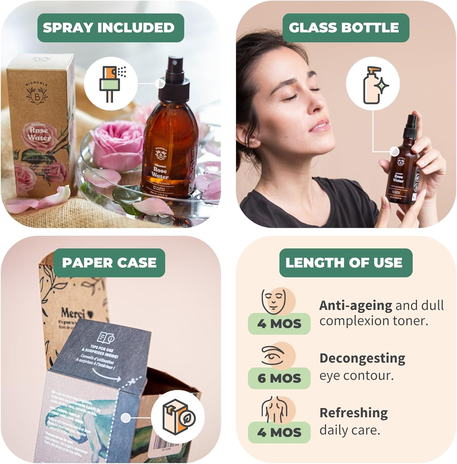 Detalle 2 de BIONOBLE Organic Rose Water Spray — 200ml, Alcohol-Free Hydrolat for Face, Hair & Body