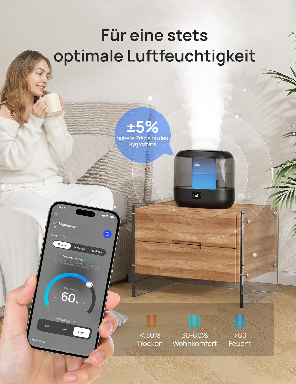 Detalle de Dreo Smart Luftbefeuchter 4L für Schlafzimmer