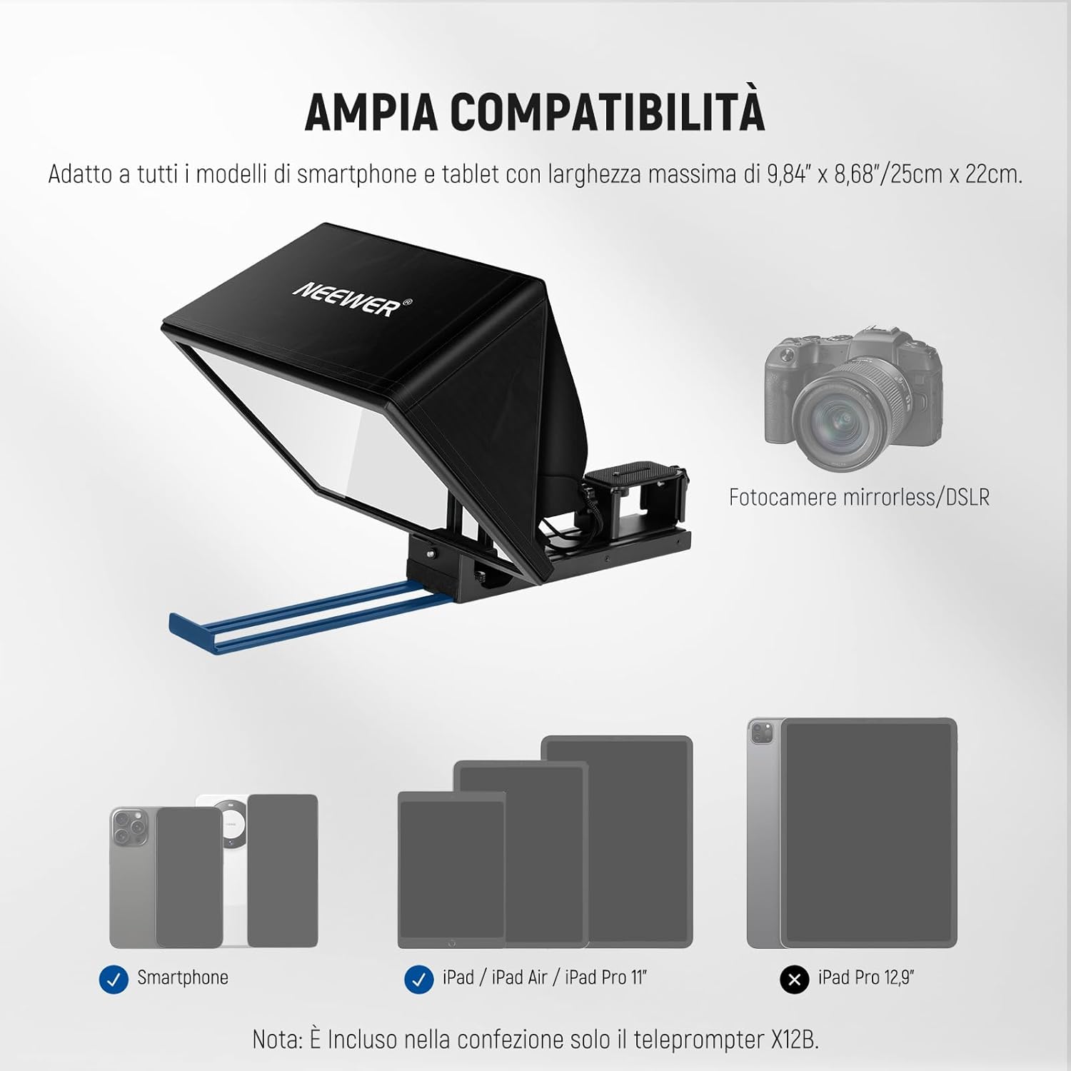 Thumbnail 5 de NEEWER BASICS X12B teleprompter sollevabile in lega di alluminio da 12" per iPhone, iPad, tablet e fotocamere