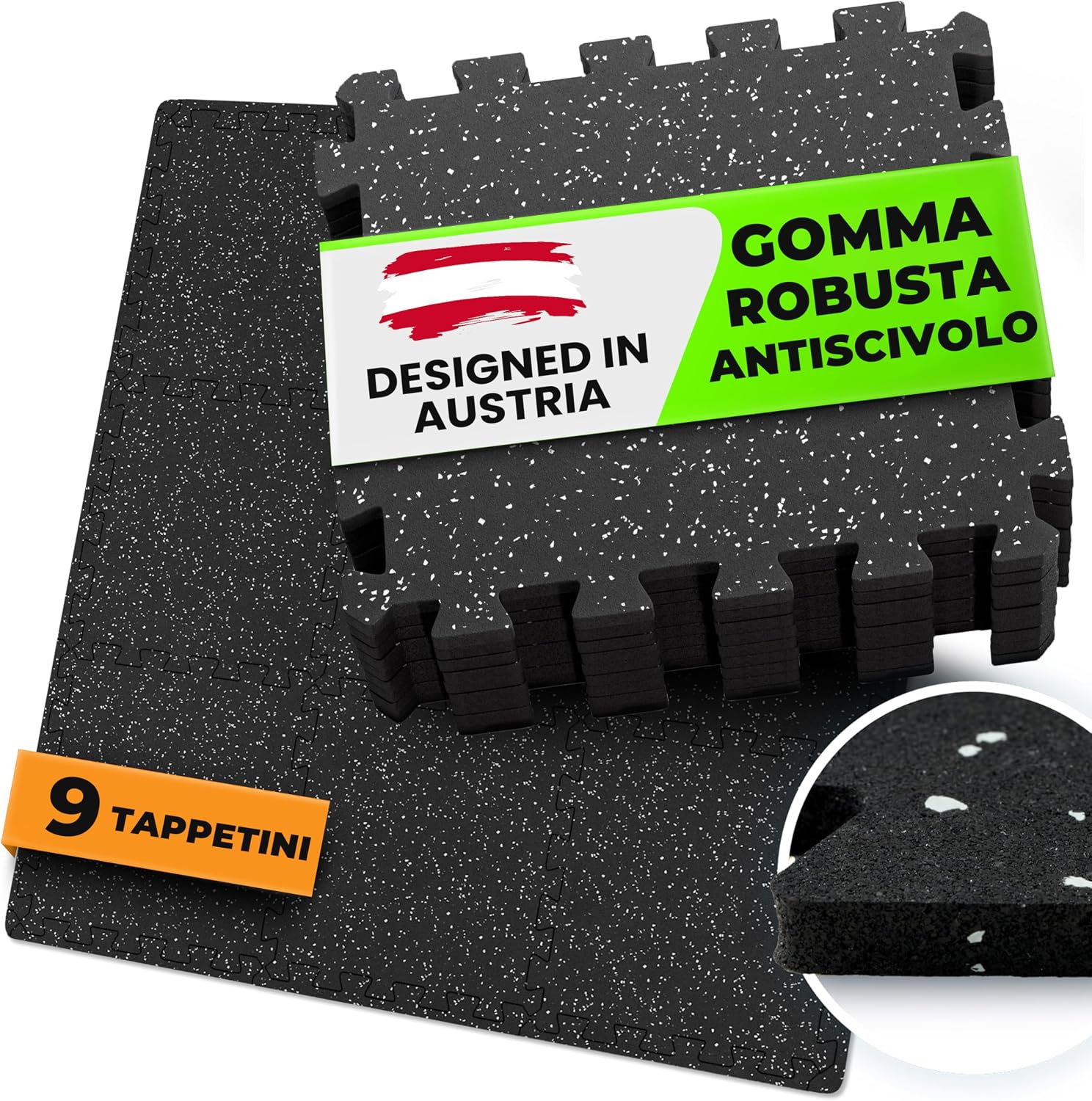 Tappeto Palestra Puzzle in Gomma Naturale: Tappetino Fitness da Ginnastica 9 Moduli 30x30x0,6 cm + Bordo, Pavimento Protettivo per Home Gym