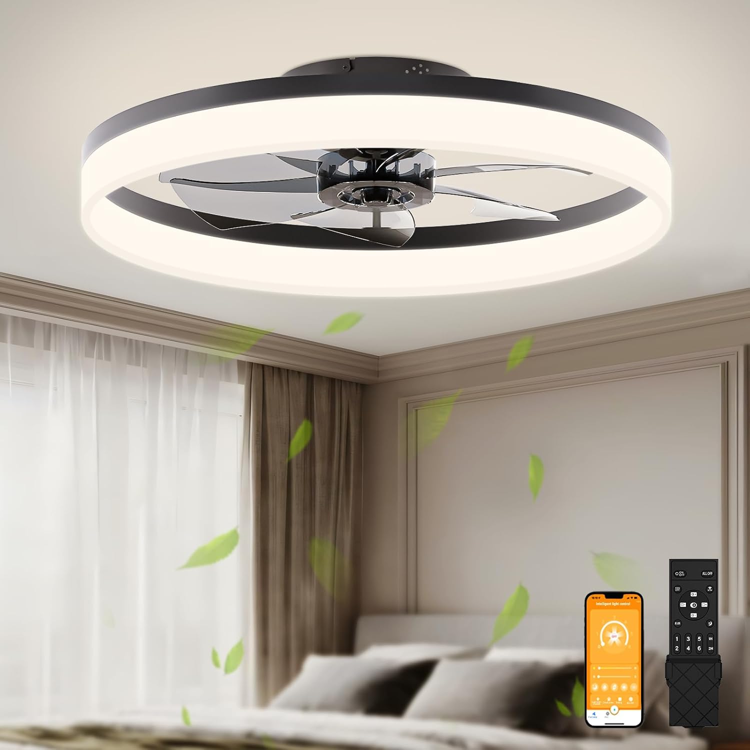 Detalle de VOLISUN 8225C-600 Ceiling Fan with Light, 23.6-Inch Black Flush Mount, Dimmable LED