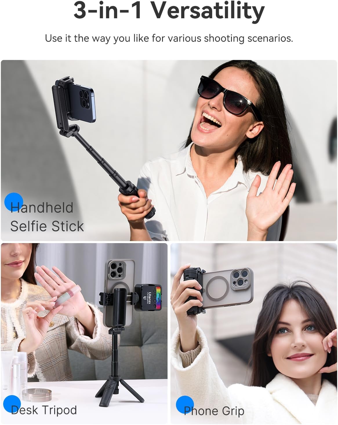 Detalle de ULANZI JJ02 : perche à selfie Bluetooth 3 en 1 avec mini trépied et télécommande
