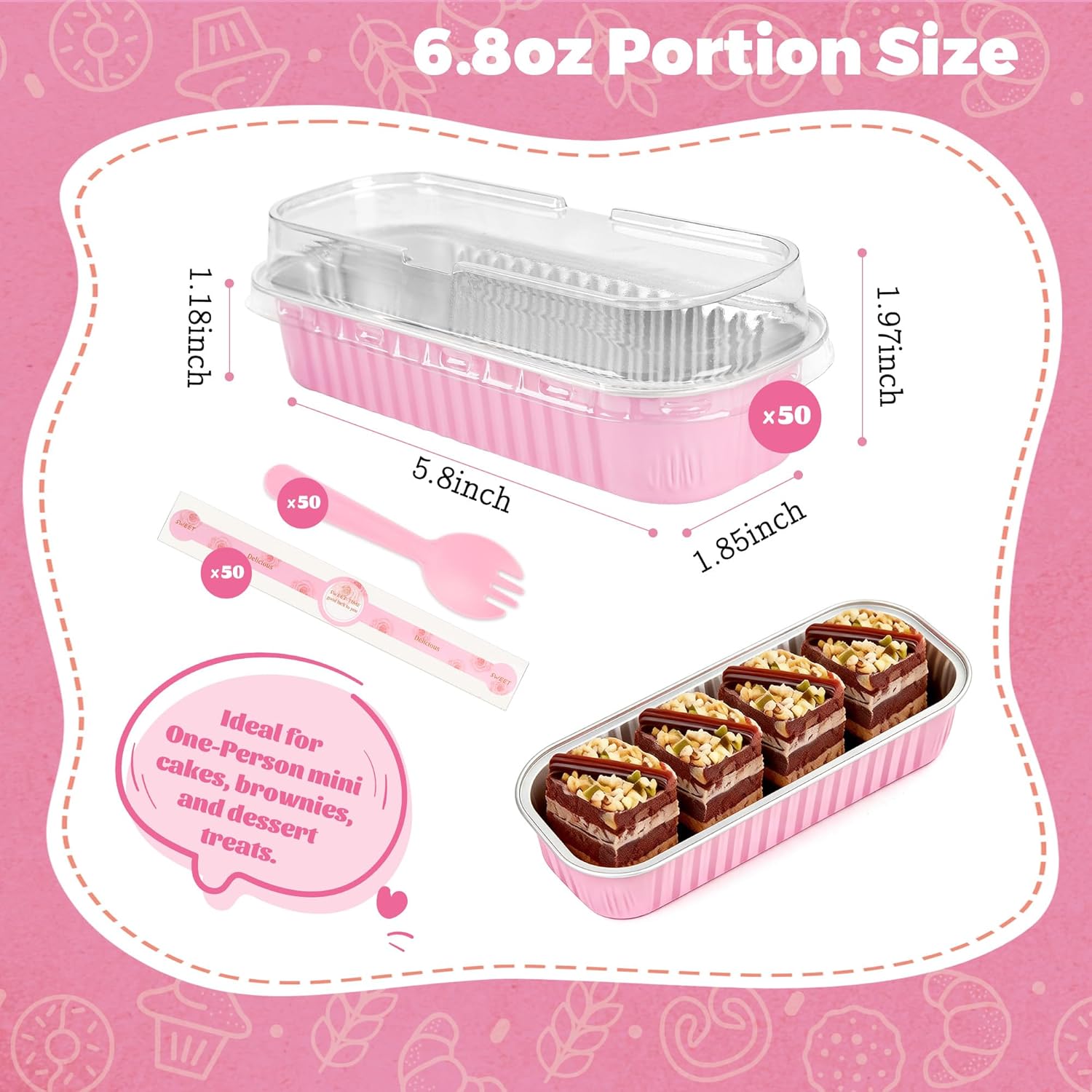 Detalle de NPLUX 50-Pack Mini Cake Pans with Lids and Spoons (Rectangular Aluminum Foil Bread Pans) – Pink, 6.8 oz
