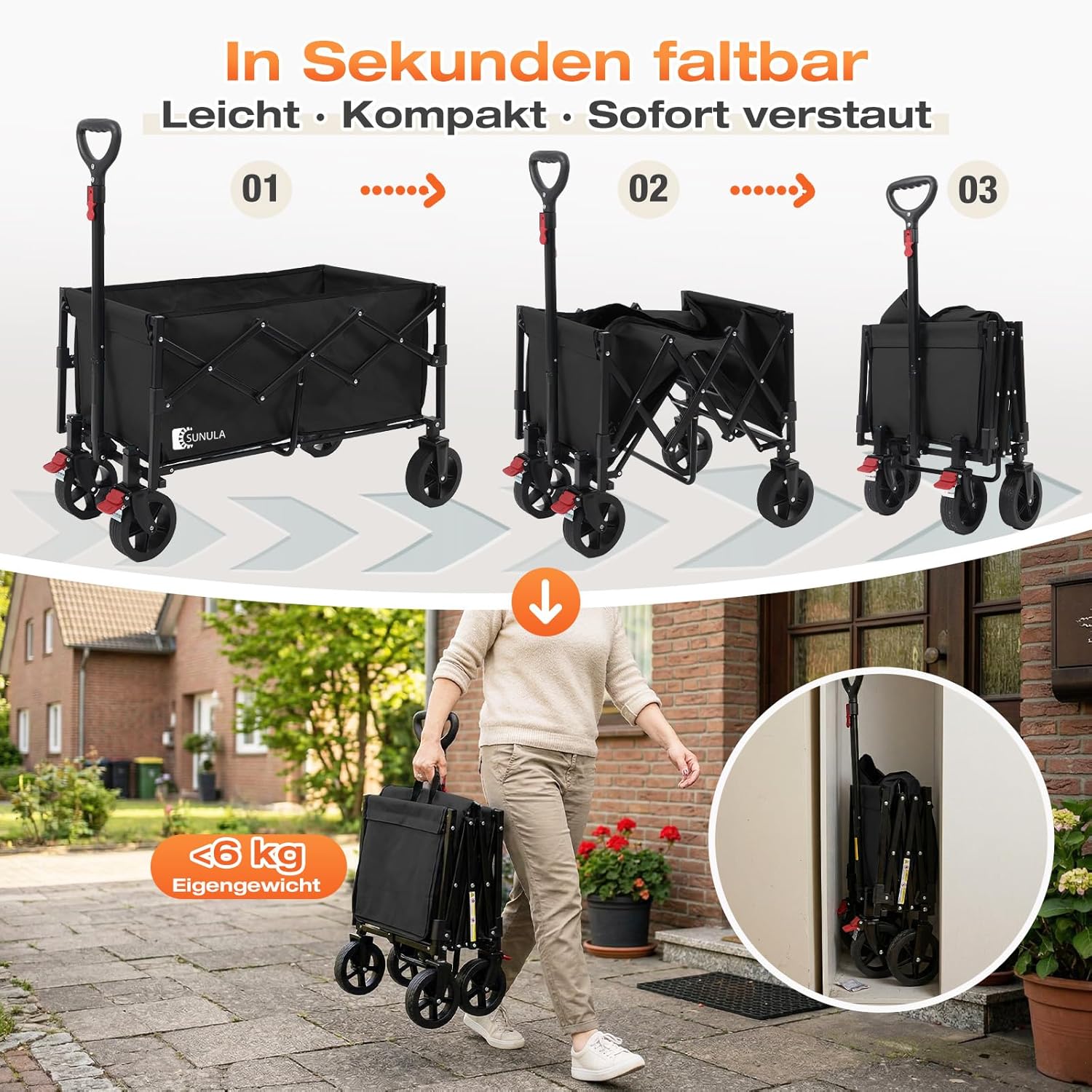 Thumbnail 3 de SUNULA faltbarer Bollerwagen klein, 80 l Volumen bis 100 kg, mit Bremsen – Schwarz