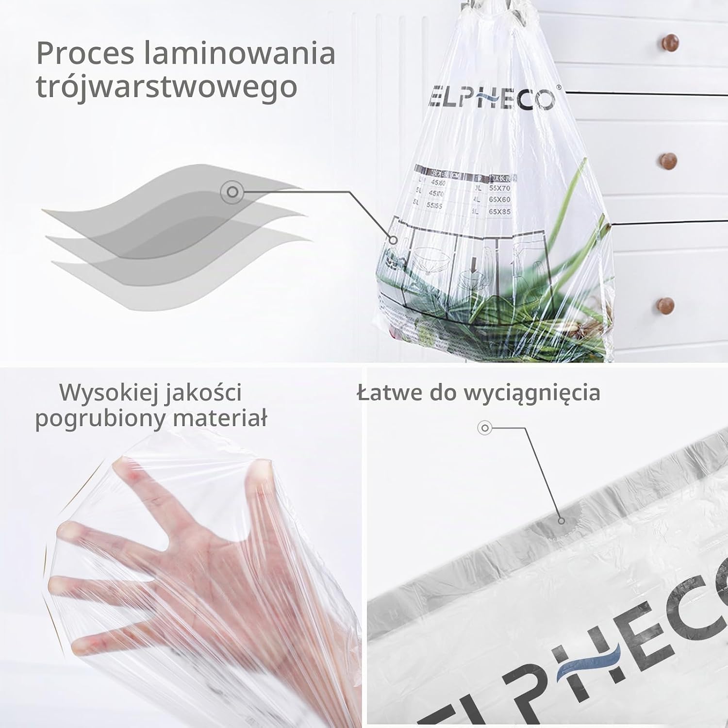 Thumbnail 3 de ELPHECO worki na śmieci ze sznurkiem, 45 × 50 cm, białe, HDPE